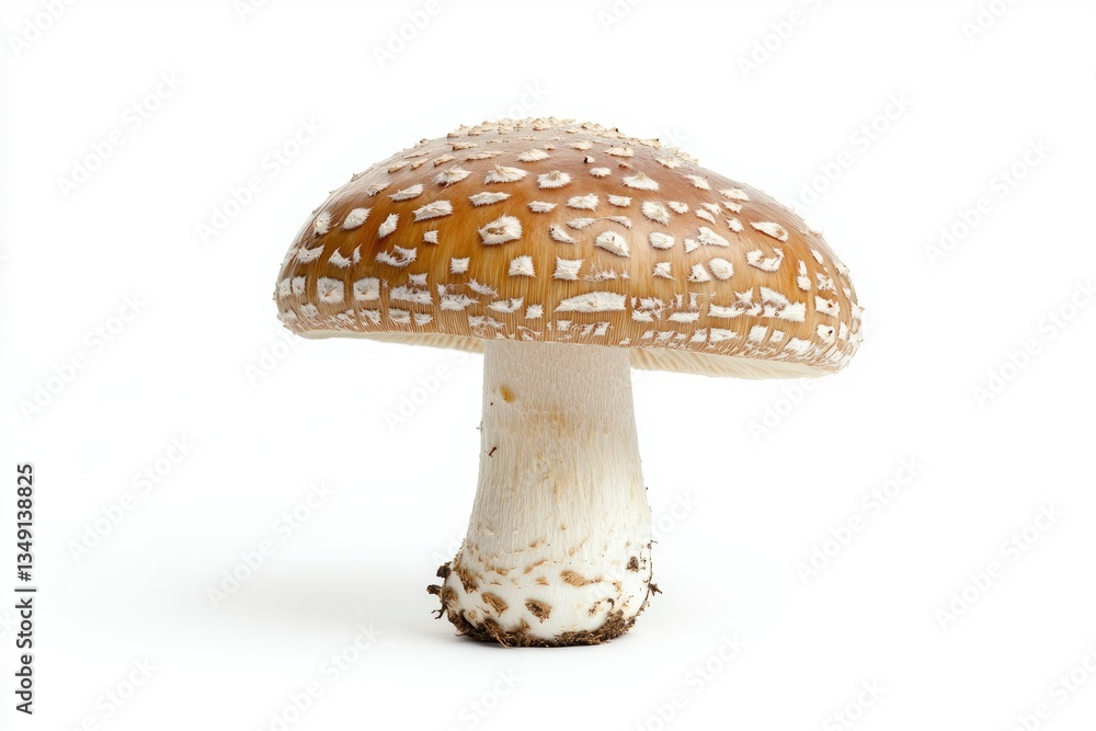 Single Mushroom Close-up with Brown Cap and White Spots Isolated on White Single Mushroom Close-up with Brown Cap and White Spots Isolated on White