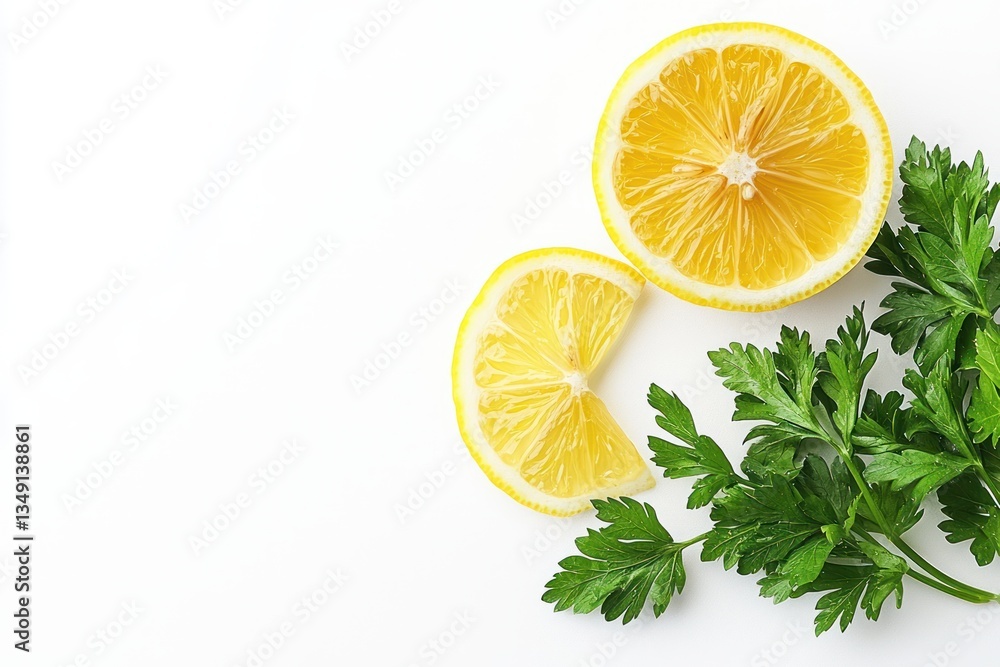 Bright Lemon Slices and Fresh Parsley on White Background Food Styling for Culinary Creations Bright Lemon Slices and Fresh Parsley on White Background Food Styling for Culinary Creations