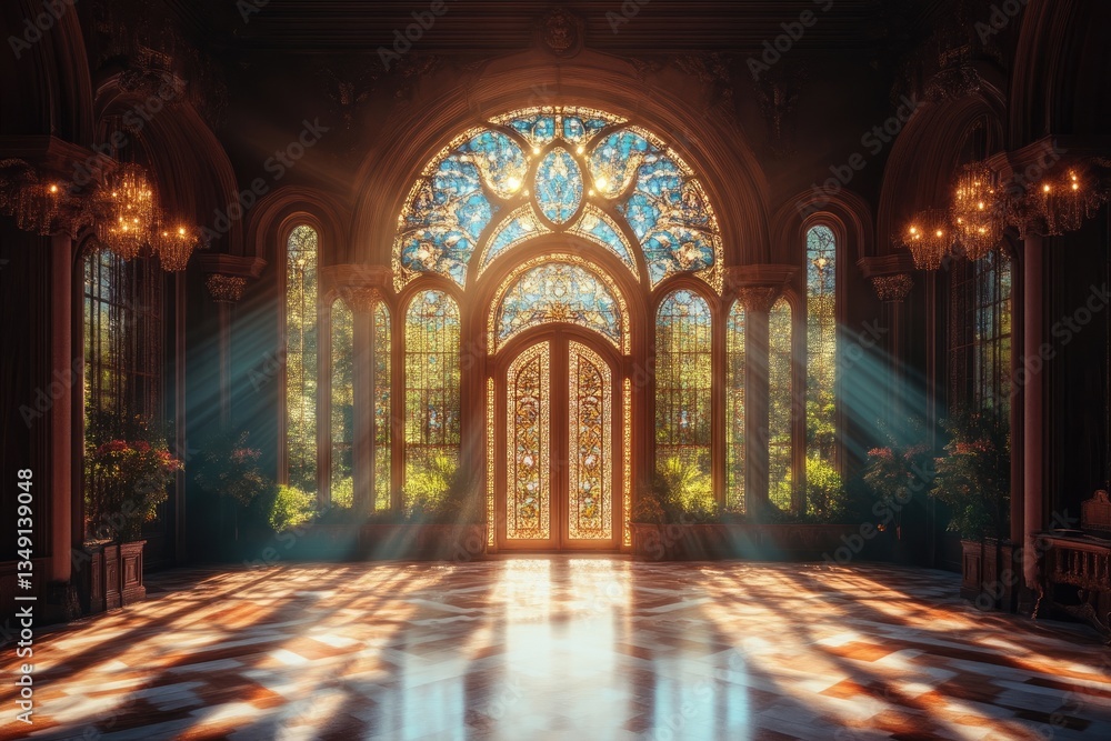 Obraz premium Grand hall with stained glass, sunlight streams through ornate entryway