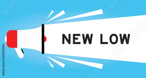 Color megaphone icon with word new low in white banner on blue background