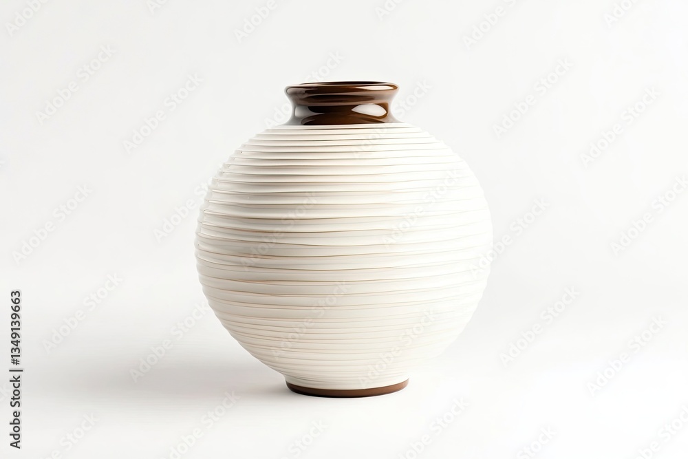 Elegant White and Brown Ceramic Vase with Horizontal Ridges Isolated Elegant White and Brown Ceramic Vase with Horizontal Ridges Isolated
