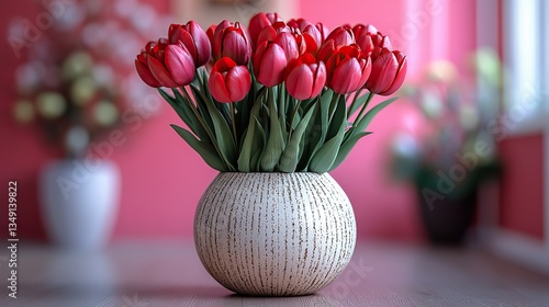 Red tulips in a white vase on pink, a romantic spring scene.