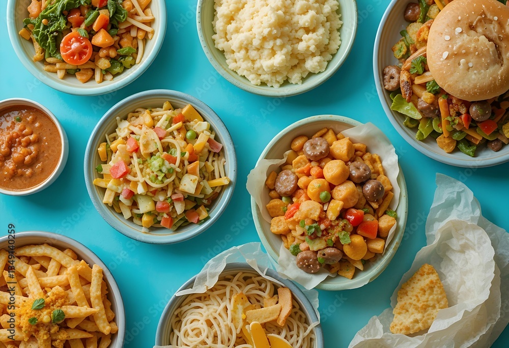overhead view of various prepared food dishes in bowls on blue surface overhead view of various prepared food dishes in bowls on blue surface