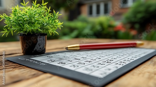 Bingo card, pen, plant on wooden table.