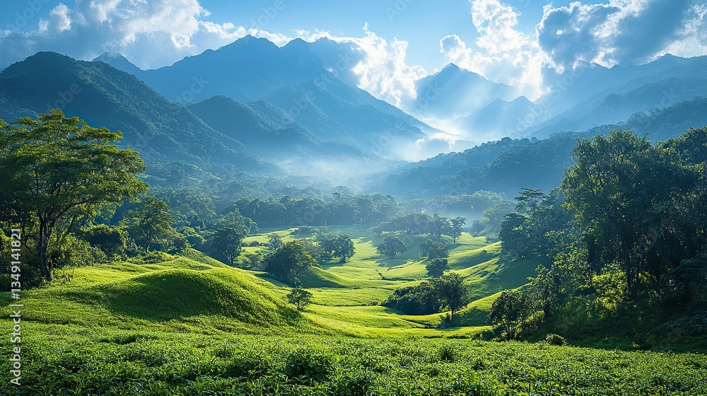 Fototapeta premium Serene blue skies, hazy mountains, and lush green rolling hills create a tranquil, naturally beautiful landscape.