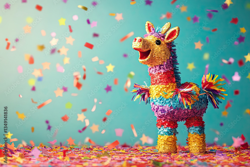 Obraz premium Mexican pinata with confetti on orange background. Cinco de Mayo. Ai generated