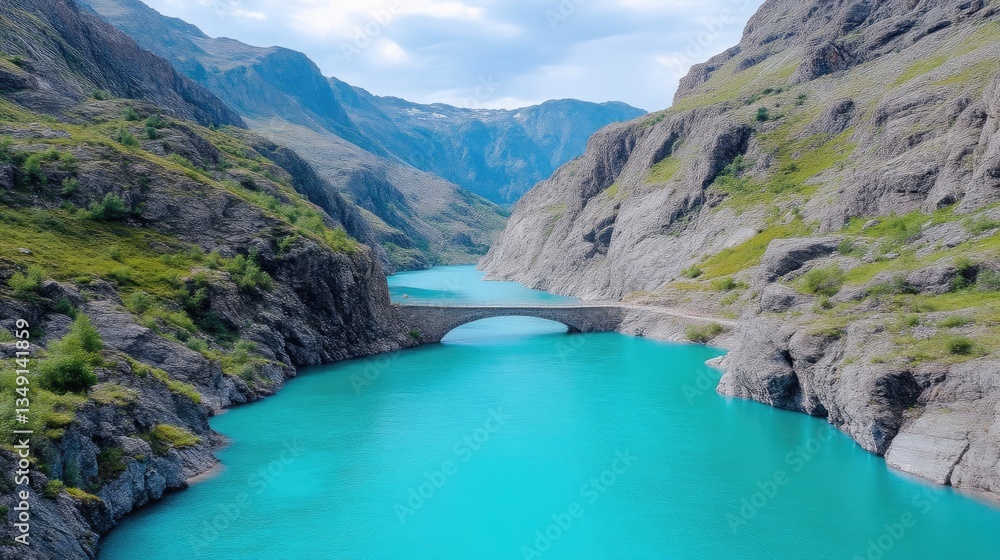Turquoise alpine lake, rocky mountains, arched bridge Turquoise alpine lake, rocky mountains, arched bridge