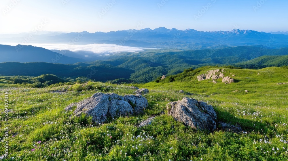 Obraz premium Mountain Meadow Sunrise. Lush, grassy mountaintop meadow with scattered rocks, blanketed in wildflowers, overlooking a valley with mist-shrouded distant peaks. Sunrise light bathes the scene