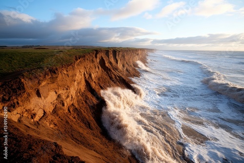 A dramatic coastal landscape featuring steep cliffs, crashing waves, and a vibrant sky during sunset.