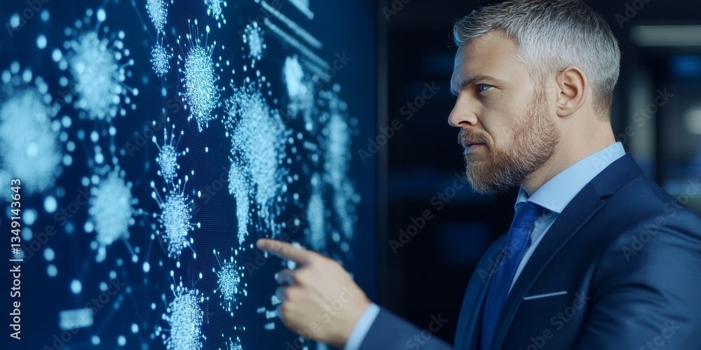 A serious-looking scientist or professional man examines data on an interactive screen. The setting is an indoor research facility or office. The lighting gives a professional, focused feel. A serious-looking scientist or professional man examines data on an interactive screen. The setting is an indoor research facility or office. The lighting gives a professional, focused feel.
