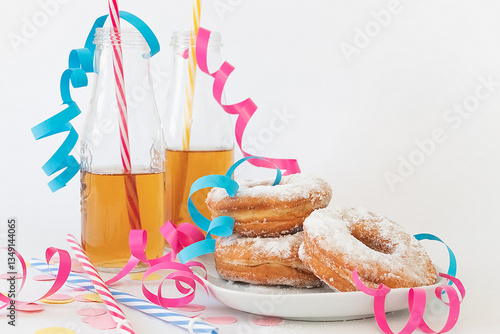 Finnish traditional Vappu food, sugar donuts with a mead drink