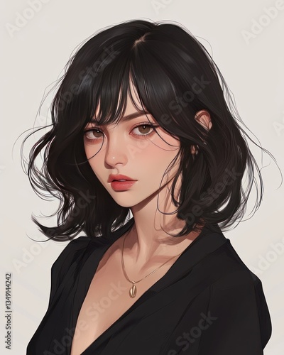 Digital portrait of a young woman with short, dark hair and a simple necklace