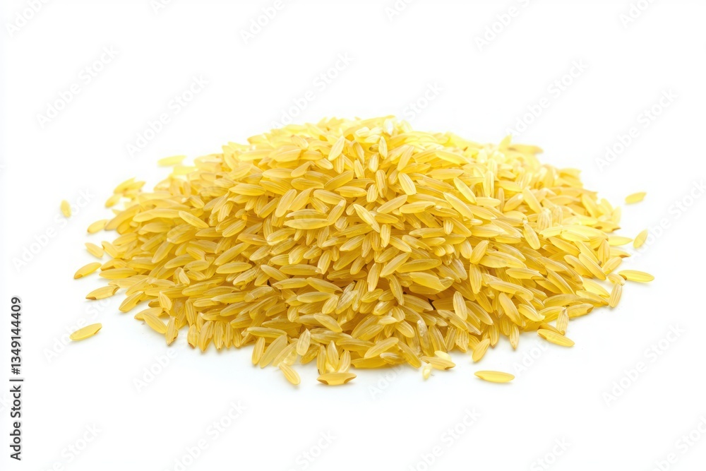 Golden aromatic basmati rice grains heap on white background nutritious uncooked ingredient pile cuisine Golden aromatic basmati rice grains heap on white background nutritious uncooked ingredient pile cuisine
