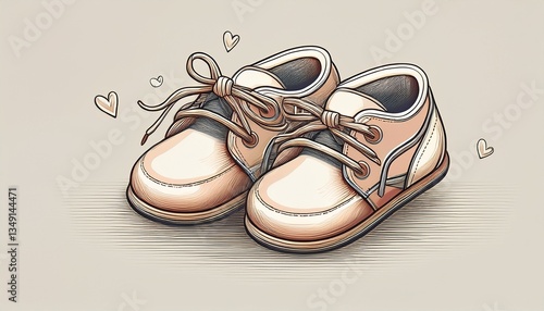 Stylish minimalist line-art illustration of a tiny pair of baby shoes, elegant and delicate design, perfect for an invitation or baby announcement