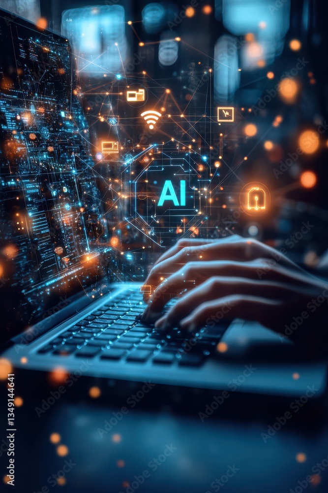 Business professional using artificial intelligence to analyze blurred background data
