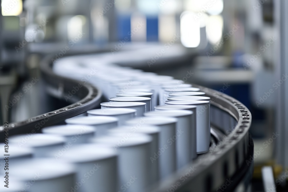 Factory Production Line: White Cylindrical Containers Moving on a Conveyor Belt Factory Production Line: White Cylindrical Containers Moving on a Conveyor Belt