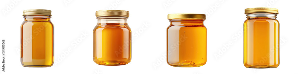 Close up of several transparent glass jars containing a viscous honey like amber colored liquid possibly honey or a similar natural sweetener on a plain background Close up of several transparent glass jars containing a viscous honey like amber colored liquid possibly honey or a similar natural sweetener on a plain background