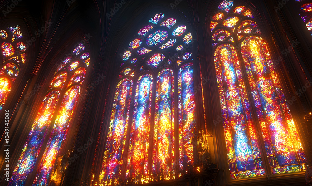 Obraz premium Vibrant stained-glass windows illuminate a gothic chapel interior with radiant colors