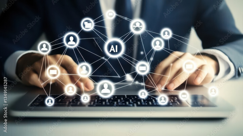 Businessman Using Laptop with AI and Social Media Icons.