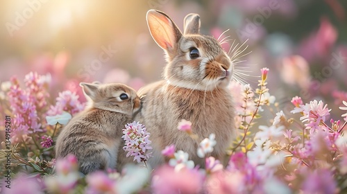 A mother rabbit and her baby nestled among blooming flowers in a serene garden setting