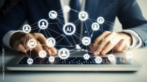 Obraz na płótnie Businessman Using Laptop with AI and Social Media Icons. w salonie