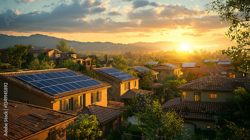 Sunset Over Homes with Solar Panels: Scenic View of Eco-Friendly Countryside Community Embracing Green Energy