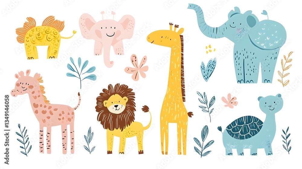 Collection of Doodle Style Animals: Elephant, Giraffe, Lion in Playful Illustrations Collection of Doodle Style Animals: Elephant, Giraffe, Lion in Playful Illustrations