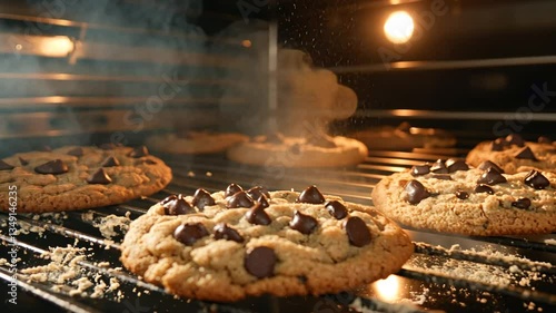 Golden brown chocolate chip cookies baking to perfection in a hot kitchen oven