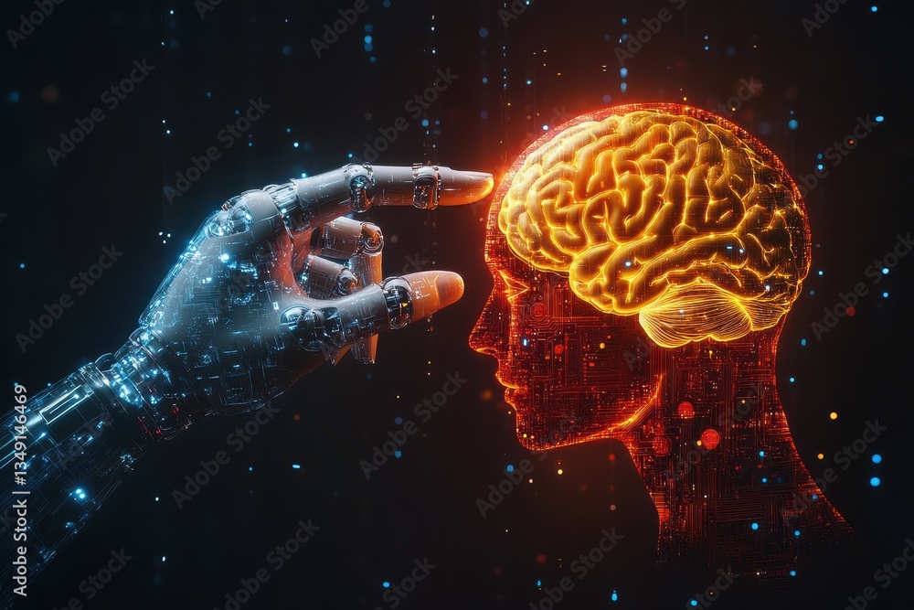 Human and Robot Touching in Artificial Intelligence Concept.