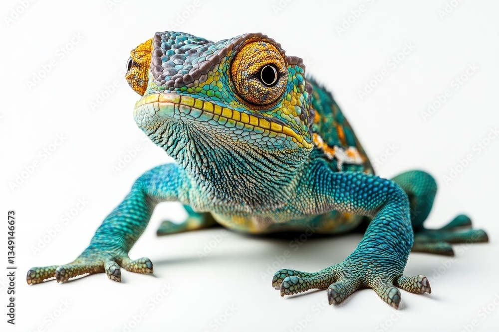 Fototapeta premium Colorful Chameleon Walking Isolated on White Background Close-up Wildlife Animal
