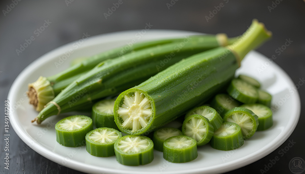 Realistic Abelmoschus esculentus (okra) with sliced and whole pieces, ideal for culinary illustrations, vegetarian diet campaigns, and herbal medicine visuals Realistic Abelmoschus esculentus (okra) with sliced and whole pieces, ideal for culinary illustrations, vegetarian diet campaigns, and herbal medicine visuals