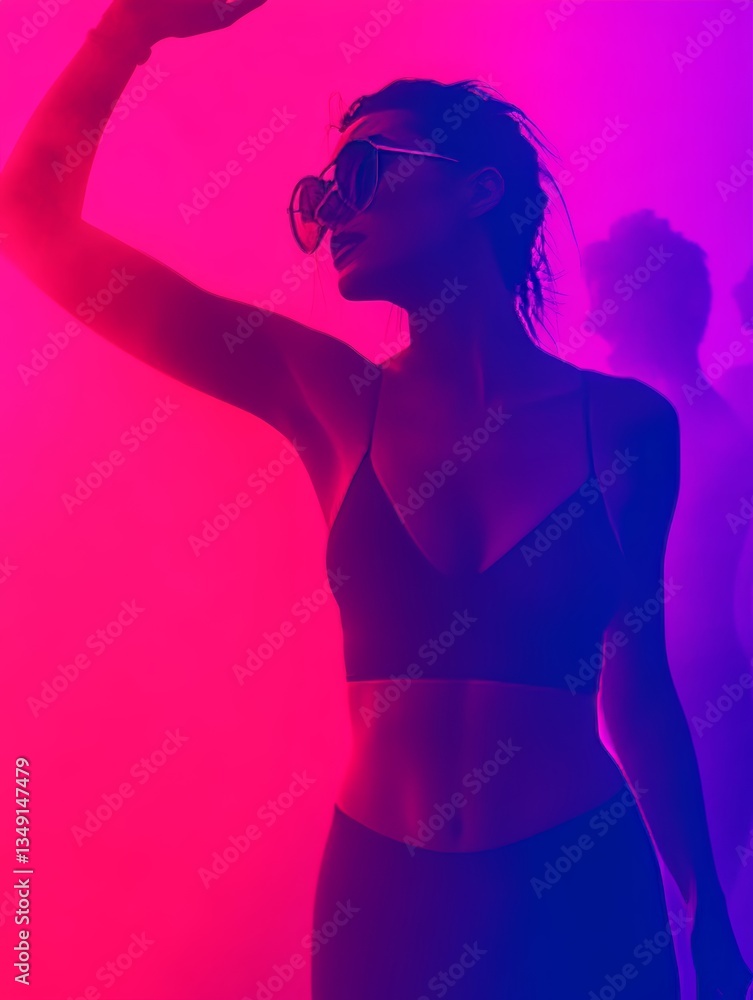 stylish woman in sunglasses dancing under neon lights in vibrant nightclub atmosphere with silhouettes in background stylish woman in sunglasses dancing under neon lights in vibrant nightclub atmosphere with silhouettes in background