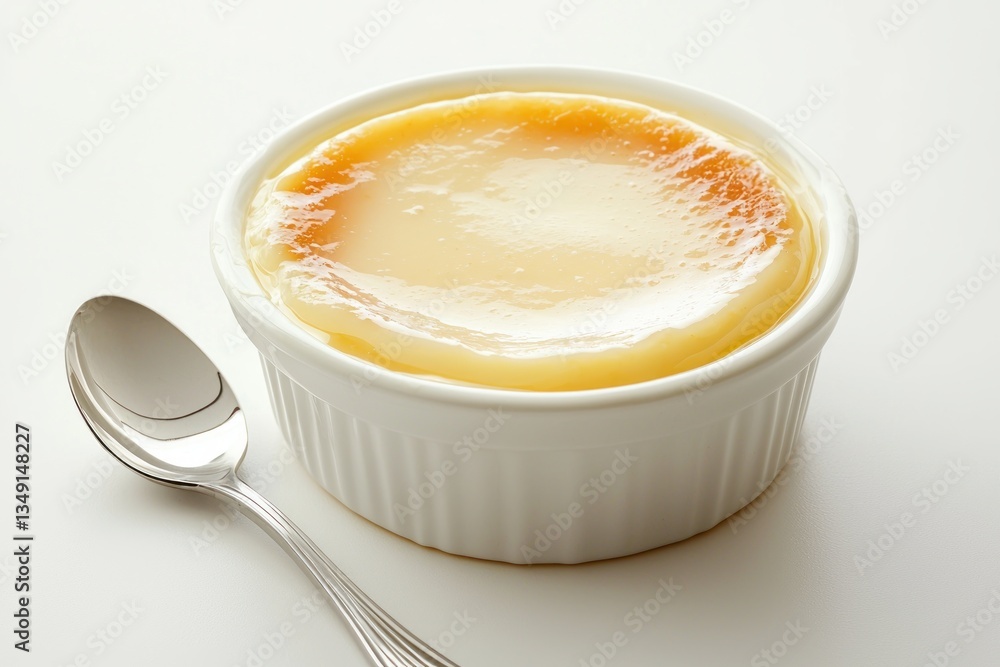Delicious custard dessert in ceramic bowl next to metal spoon on white table simple background Delicious custard dessert in ceramic bowl next to metal spoon on white table simple background