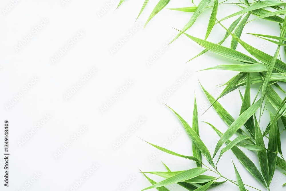 Green Bamboo Leaves Arranged on White Background with Copy Space Green Bamboo Leaves Arranged on White Background with Copy Space