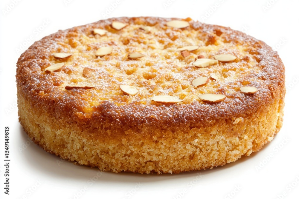 Delicious Round Almond Cake with Powdered Sugar Ready to Eat Baked on White Backdrop Still Life Delicious Round Almond Cake with Powdered Sugar Ready to Eat Baked on White Backdrop Still Life