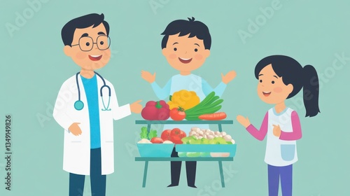 Doctor shows healthy food to kids