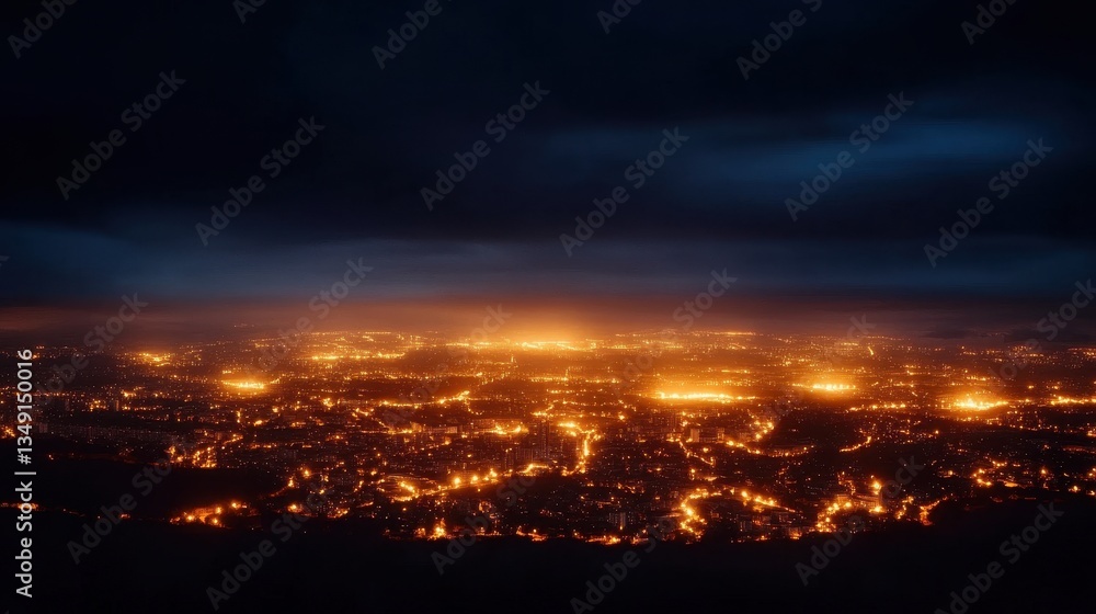 A breathtaking nighttime aerial view of a vibrant cityscape illuminated by countless lights against a dramatic dark sky. A breathtaking nighttime aerial view of a vibrant cityscape illuminated by countless lights against a dramatic dark sky.