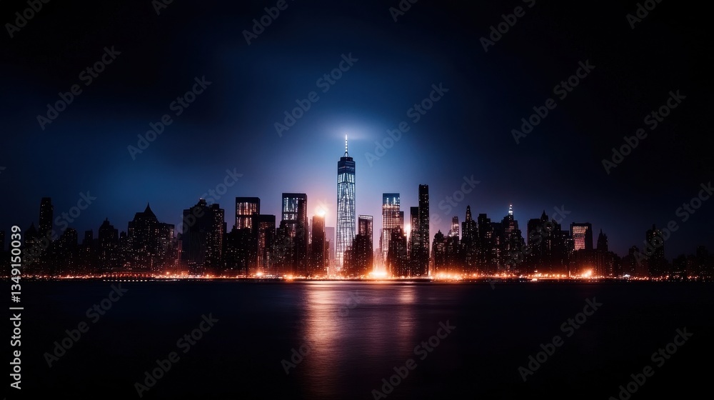 Obraz premium A stunning night view of a city skyline illuminated by bright lights, with a prominent tower standing tall against a dark background.