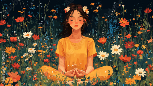 A peaceful woman meditating in a colorful flower field, symbolizing mindfulness, relaxation, and connection with nature