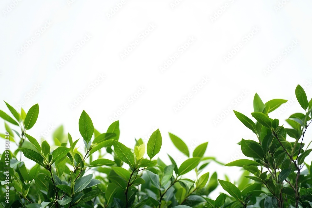 Fresh Green Leaves on Branches Against White Background Creating Natural Border Fresh Green Leaves on Branches Against White Background Creating Natural Border