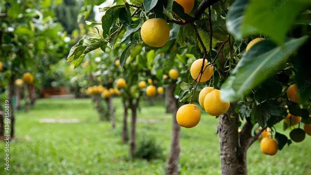 Citrus orchard with ripe oranges growing in a lush green landscape during the late afternoon Citrus orchard with ripe oranges growing in a lush green landscape during the late afternoon