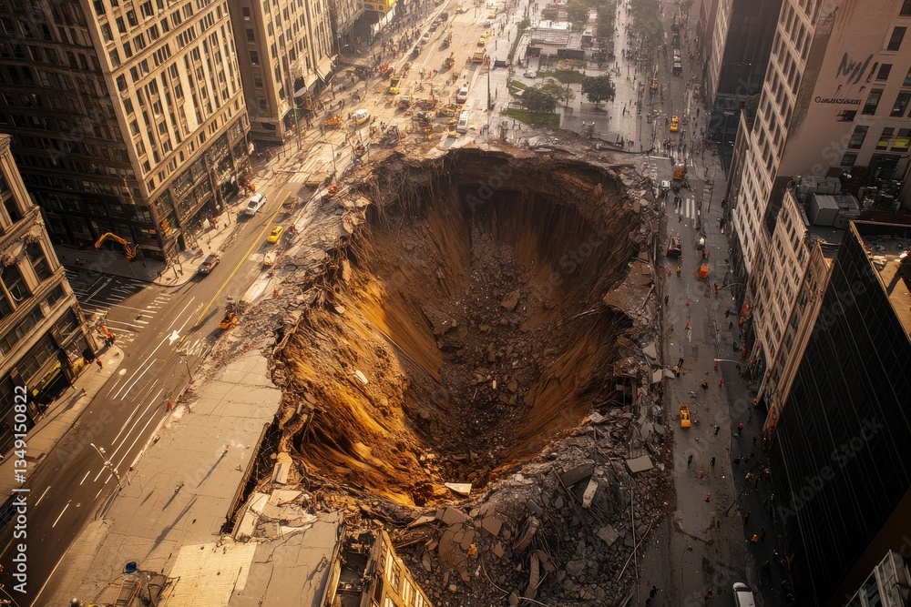 A massive sinkhole has developed in an urban area, surrounded by buildings and debris, creating a dramatic scene of destruction and disruption. A massive sinkhole has developed in an urban area, surrounded by buildings and debris, creating a dramatic scene of destruction and disruption.