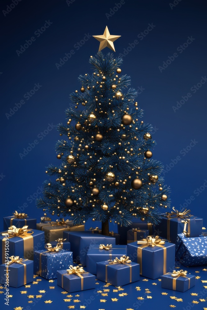 Christmas Background with Golden Gifts and Tree