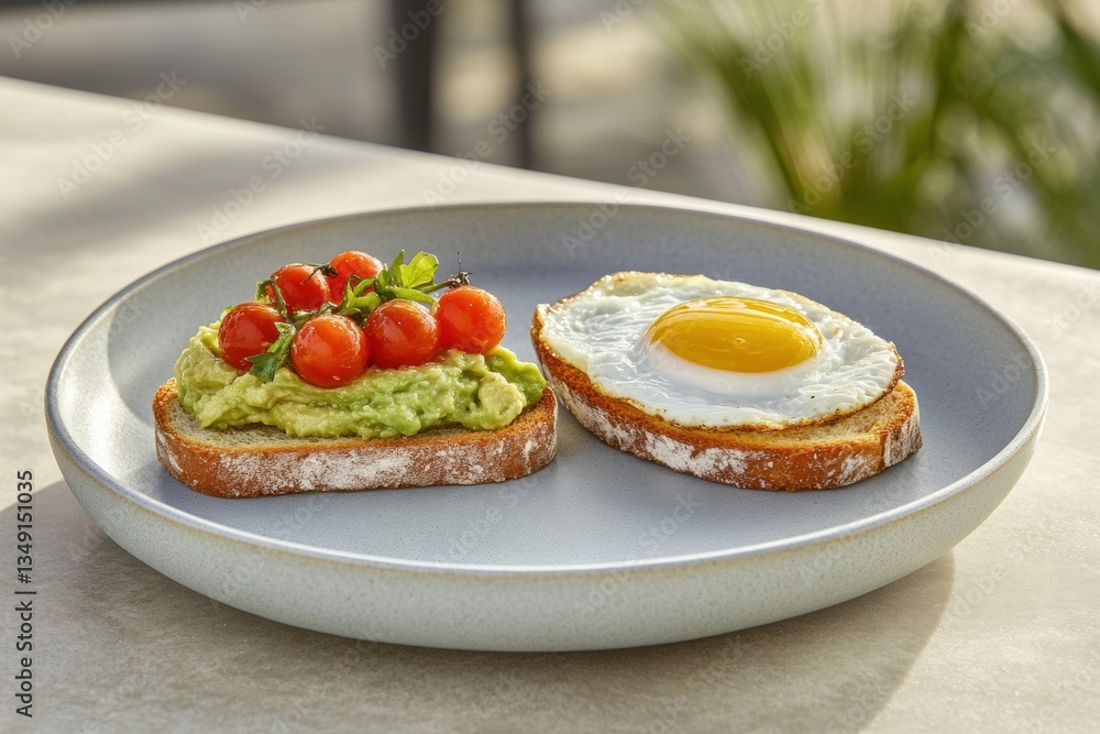 A photo of an avocado toast with cherry tomatoes and a sunny-side-up egg on the right slice, sitting next to it is another piece of bread without any food on top, A photo of an avocado toast with cherry tomatoes and a sunny-side-up egg on the right slice, sitting next to it is another piece of bread without any food on top,