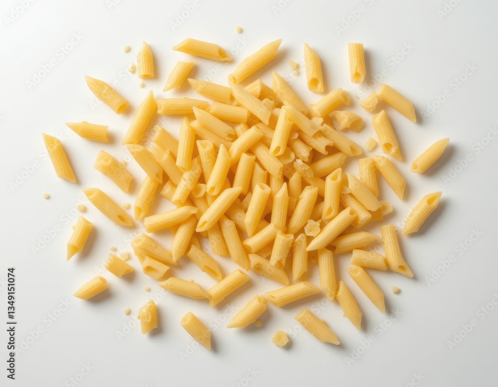 Fototapeta premium Penne Pasta Pile on White Surface Pasta Meal Preparation