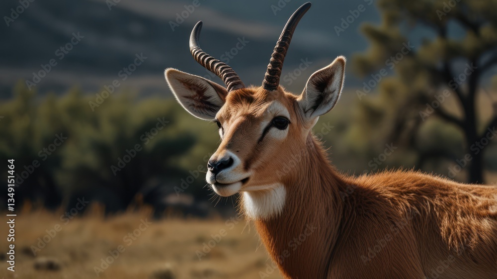 Close-up of a graceful antelope in a natural habitat. Features include its reddish-brown coat, antlered head, and alert expression. Surrounded by a blurred background of golden grasses and trees Close-up of a graceful antelope in a natural habitat. Features include its reddish-brown coat, antlered head, and alert expression. Surrounded by a blurred background of golden grasses and trees