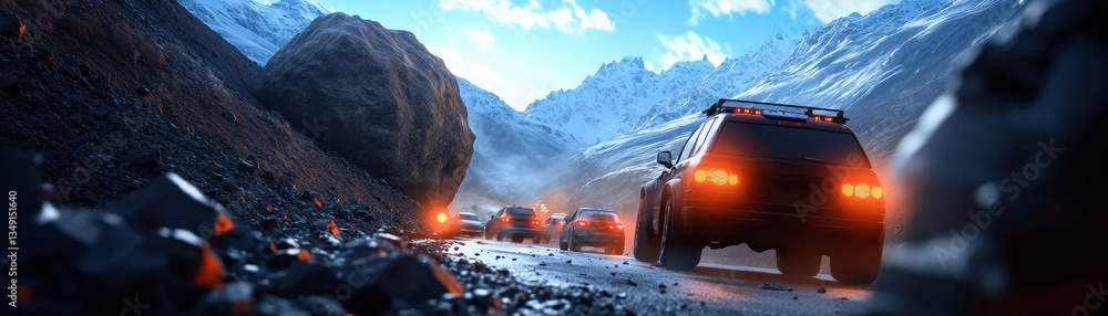 A dramatic scene of off-road vehicles navigating a rugged mountain path, with large boulders and a stunning backdrop of snow-capped peaks. A dramatic scene of off-road vehicles navigating a rugged mountain path, with large boulders and a stunning backdrop of snow-capped peaks.