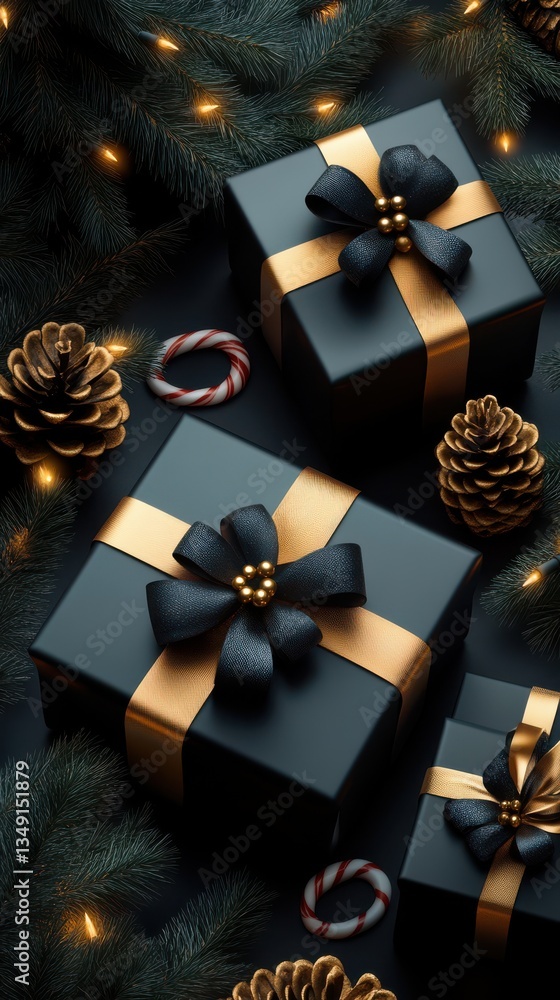 Elegant Christmas Decorations with Black and Gold Gift Boxes