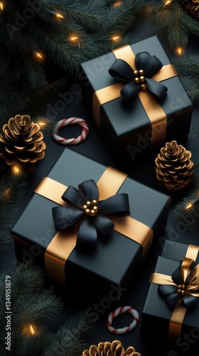 Obraz na płótnie Elegant Christmas Decorations with Black and Gold Gift Boxes w salonie