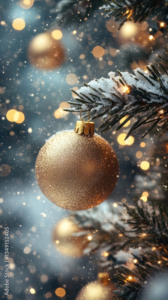 Snowy scene with golden Christmas decorations and lights on a blurry background